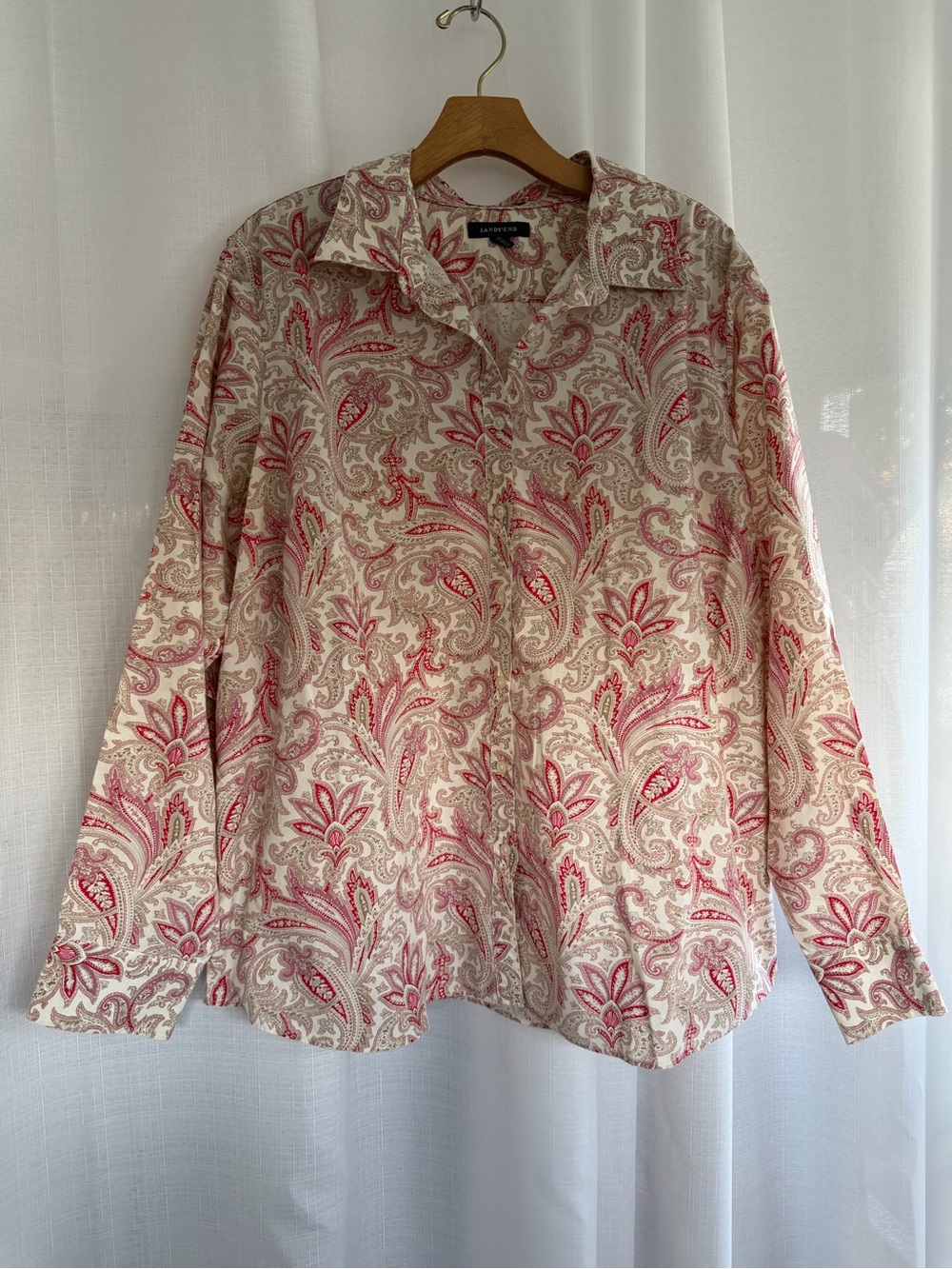Lands’ End No Iron Paisley Button Front Shirt Women’s 22W Pink Beige Cotton Plus